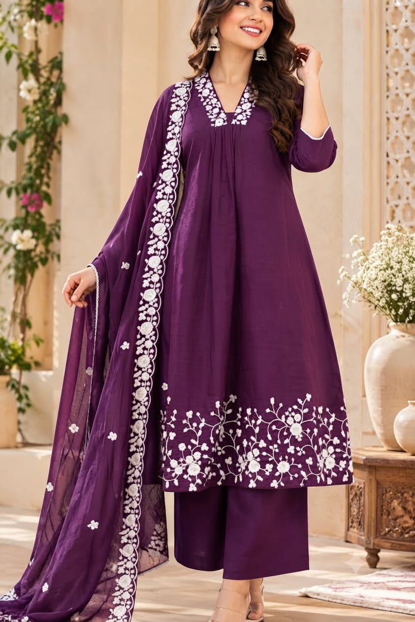 MUL CHANDERI A LINE THREE PIECE SET IN WHOLESALE
