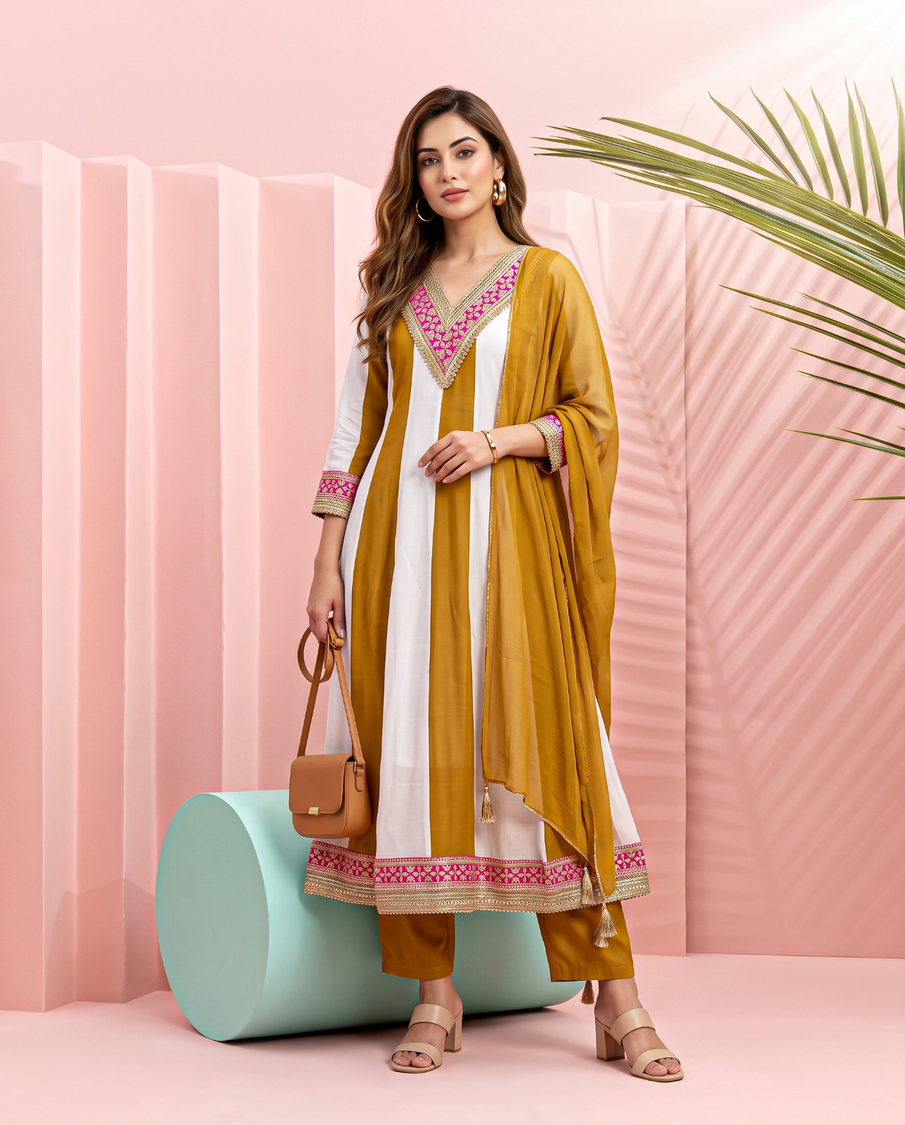 MUL CHANDERI HEAVY PALAZZO WORK KURTI SET