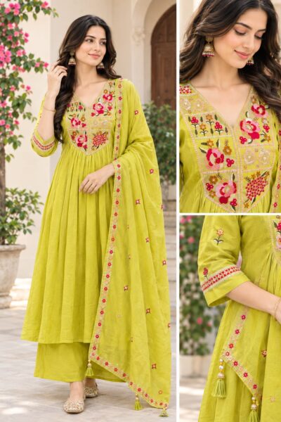 MUL CHANDERI THREE PIECE KURTI SET WHOLESALE
