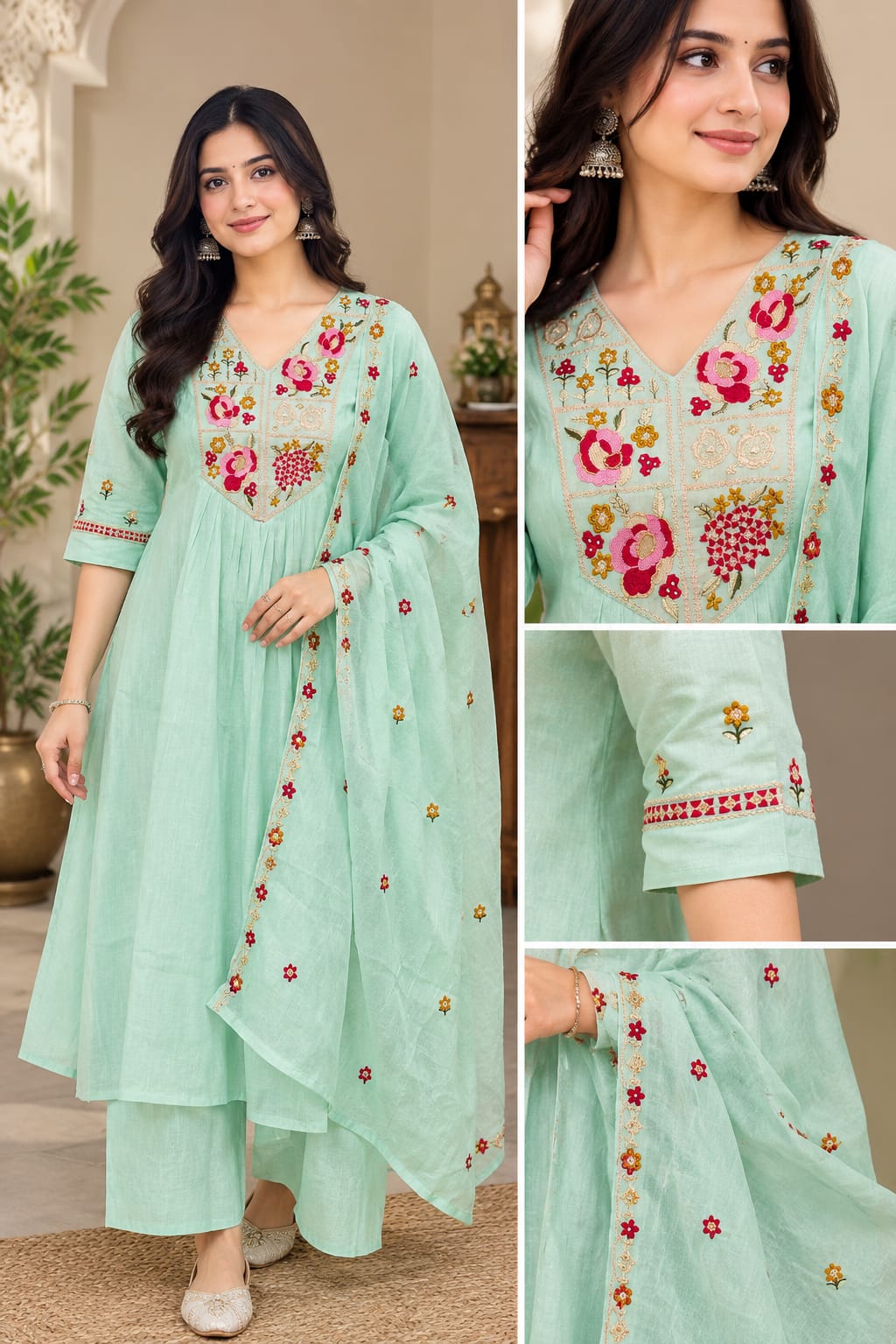 MUL CHANDERI THREE PIECE KURTI SET WHOLESALE