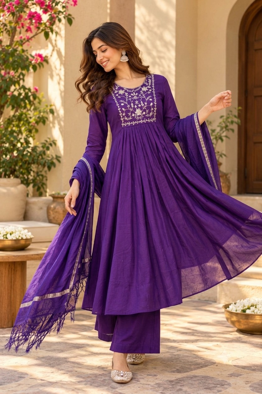 MULL CHANDERI HEAVY WORK ANARKALI STYLE KURTI