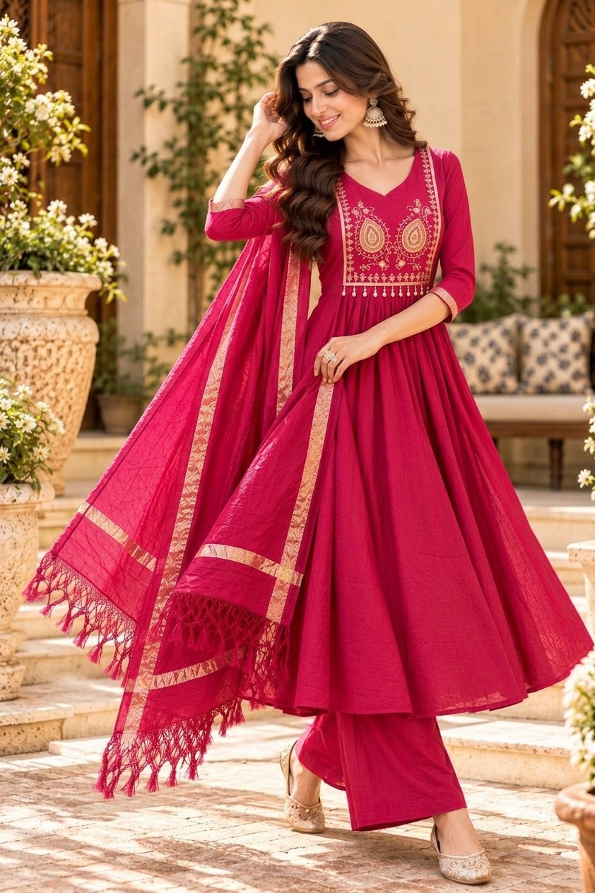 MULL CHANDERI HEAVY WORK ANARKALI STYLE KURTI