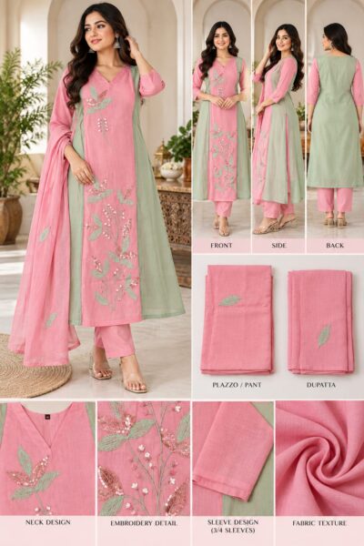 MULL CHANDERI SILK HANDWORK THREE PIECE WHOLESALER