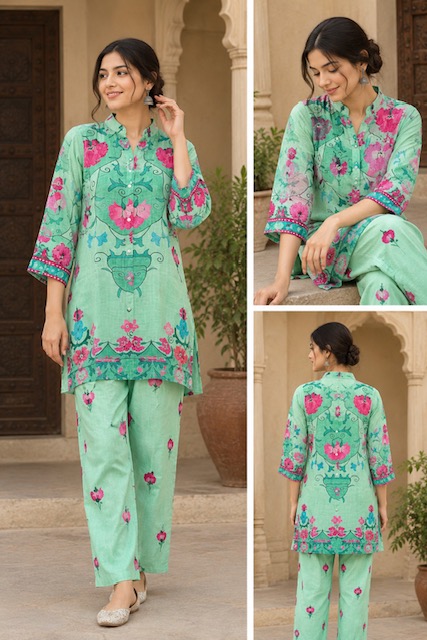 NATURAL VISCOSE CREPE PRINTED CO ORD SET WHOLESALER