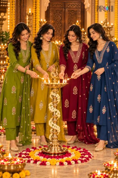 PIROHI MALAIKA MULL CHANDERI ANARKALI KURTI SET