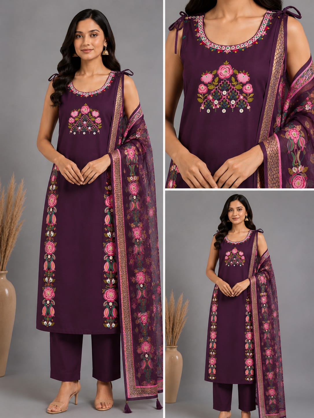 ROMAN SILK EMBROIDERED THREE PIECE SET WHOLESALE