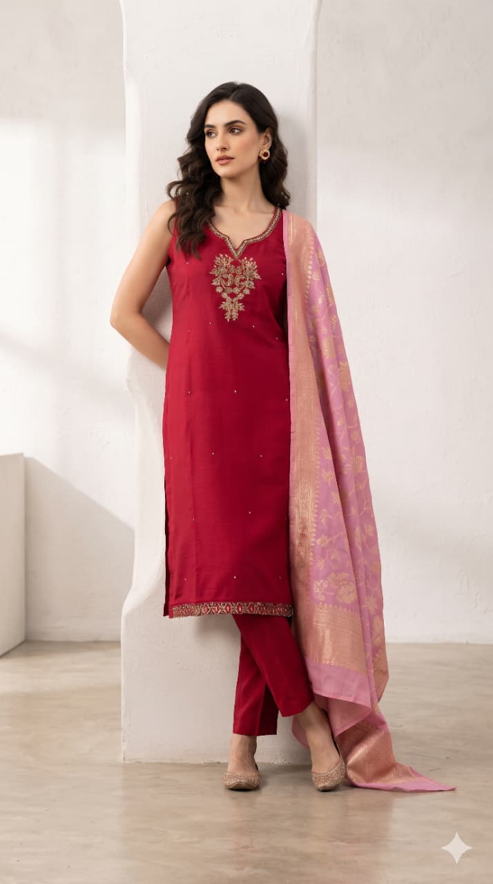 ROMAN SILK HEAVY HANDWORK DESIGNER THREE PIECE