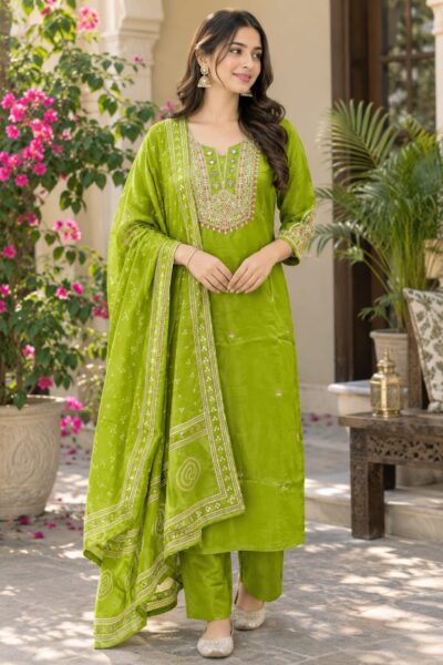 SF GAJI SILK HANDWORK THREE PIECE SET WHOLESALER