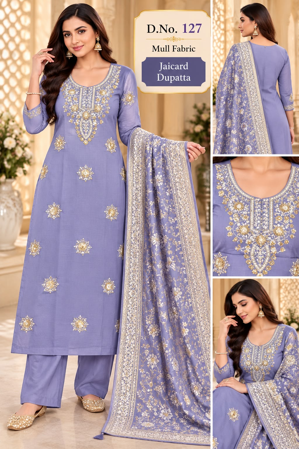 SF MULL CHANDERI BEATS WORK THREE PIECE KURTI SET
