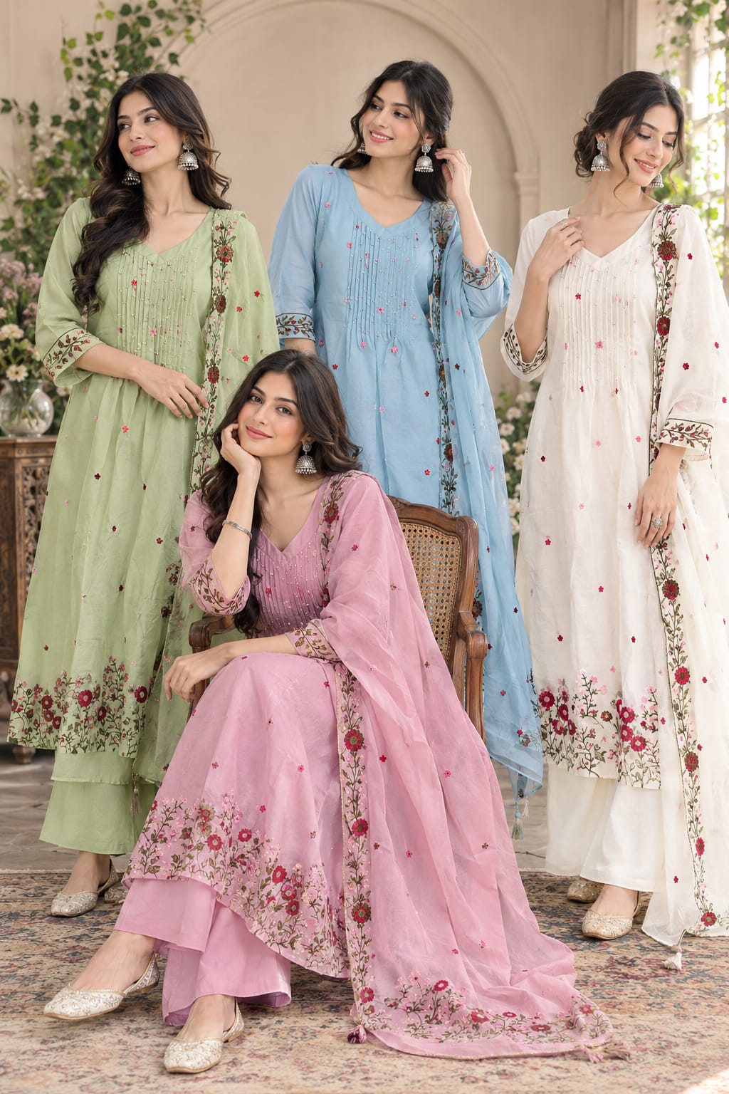 SF MULL CHANDERI HANDWORK THREE PIECE WHOLESALE