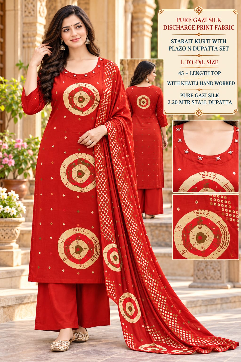 SF PURE GAJI SILK KHATIL WORK THREE PIECE KURTI SET