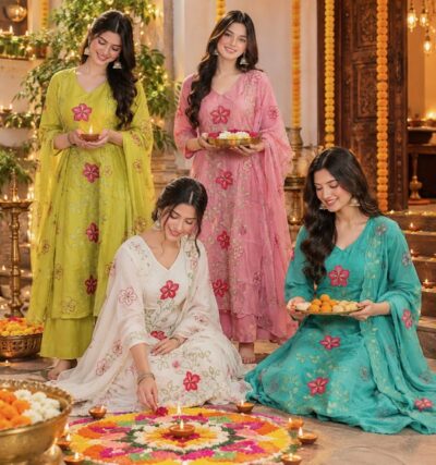 SF PURE MULL CHANDERI THREE PIECE DIWALI COLLECTION