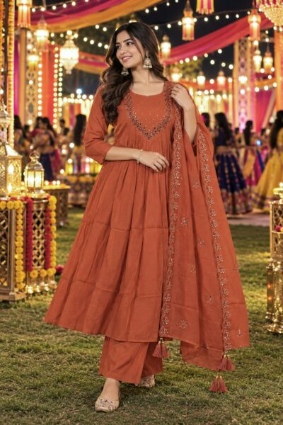 SS PD MULL CHANDERI HANDWORK THREE PIECE SET