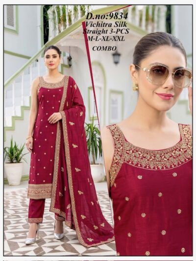 VICHITRA SILK STRAIGHT CUT THREE PIECE COMBO SET