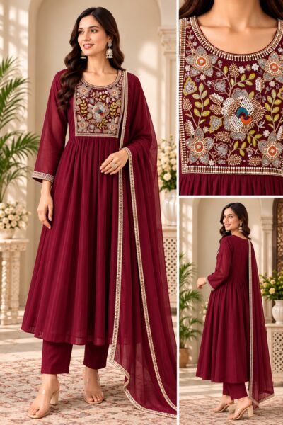 VK MUL CHANDERI GOWN STYLE THREE PIECE WHOLESALE
