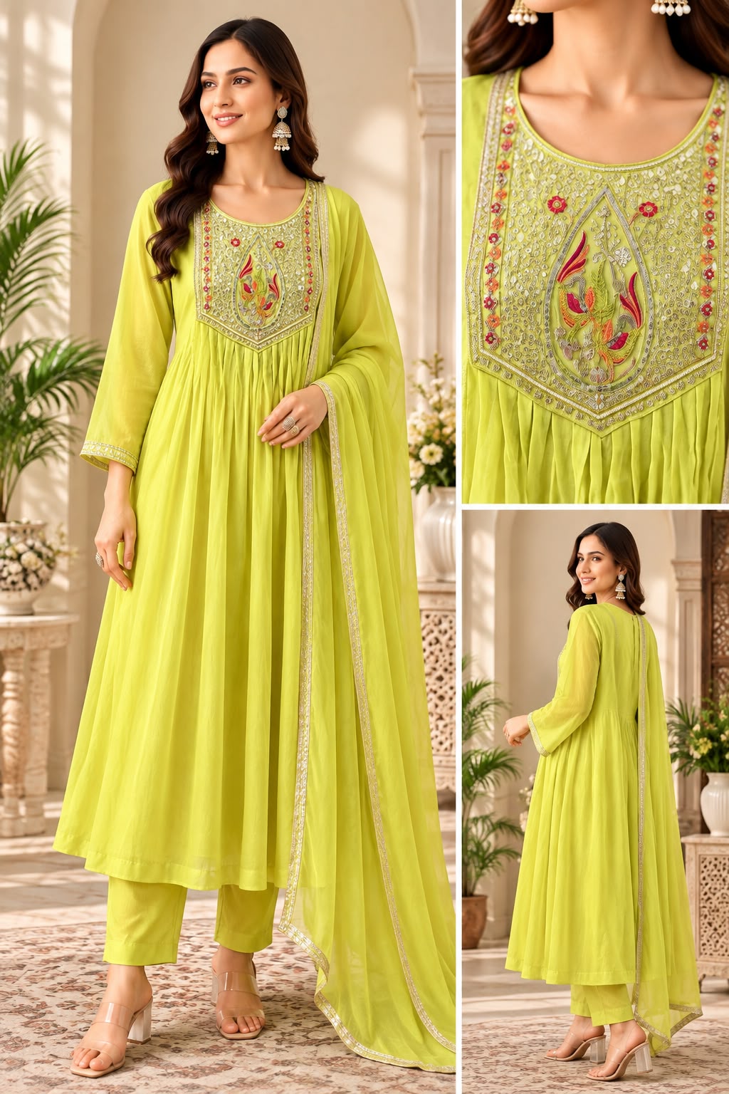 VK MUL CHANDERI GOWN STYLE THREE PIECE WHOLESALE