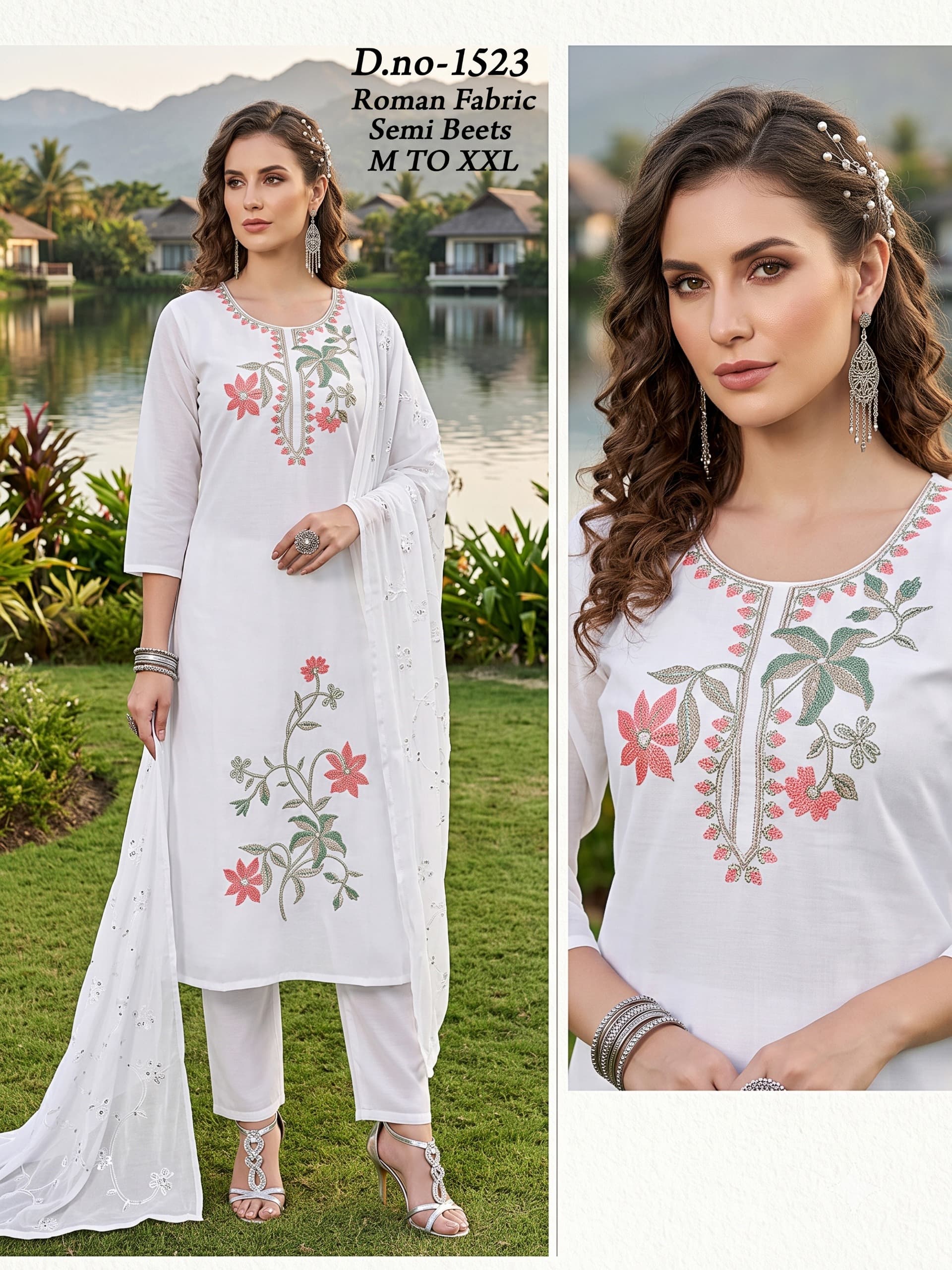 VV FASHION ROMAN EMBROIDERED WORK THREE PIECE