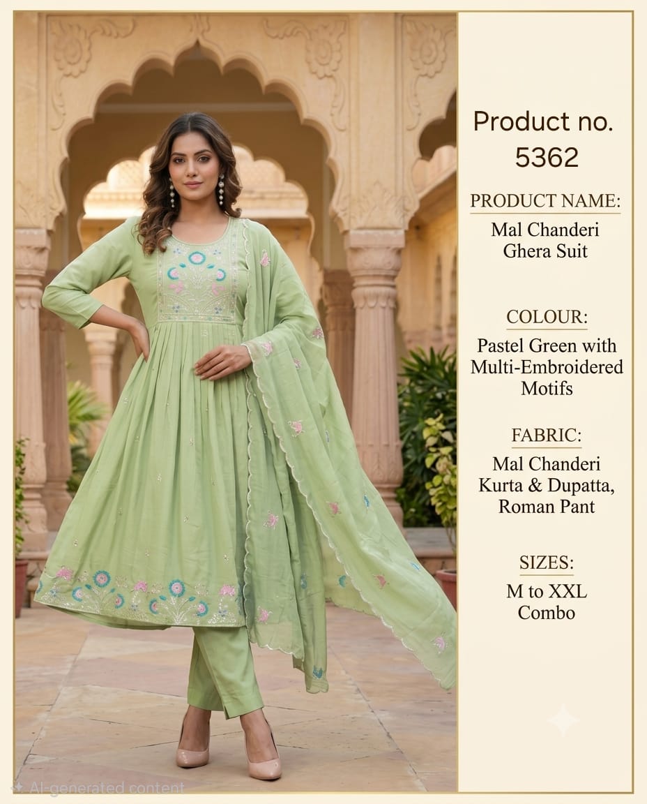 VV MULL CHANDERI EMBROIDERED THREE PIECE KURTI SET