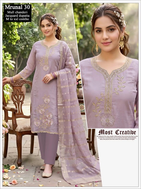 VV MULL CHANDERI THREE PIECE KURTI SET IN WHOLESALE