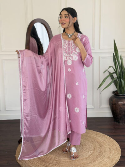 VV PURE VISCOSE EMBROIDERED THREE PIECE KURTI SET
