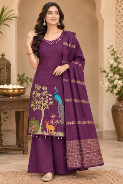 VV ROMAN SILK EMBROIDERED THREE PIECE KURTI SET
